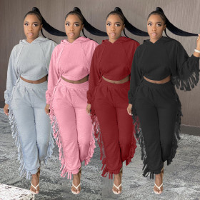 Fashion Solid Color Tassel Long Sleeves Hooded Sweater With Trousers Two Piece Sets BN126