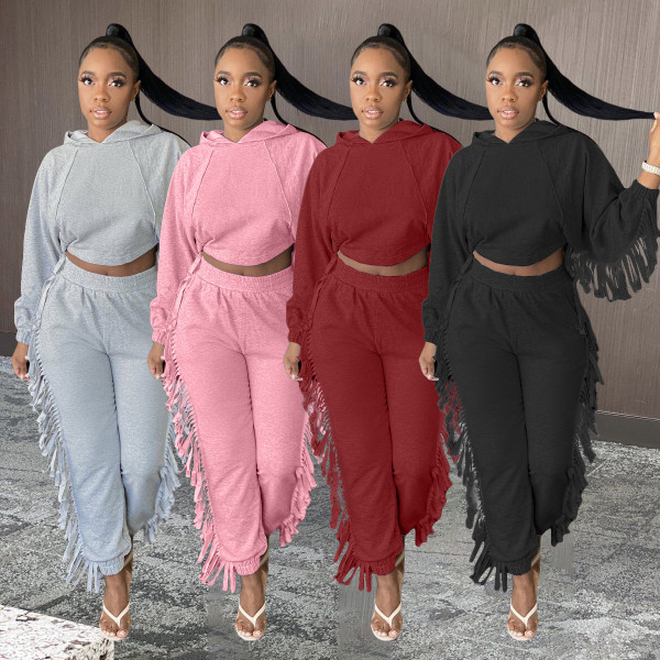 Fashion Solid Color Tassel Long Sleeves Hooded Sweater With Trousers Two Piece Sets BN126