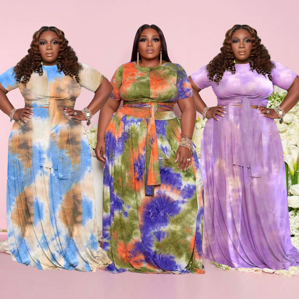 Women's plus size tie-dye printing two-piece suit Q7191