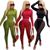 Fashion Stitching Round Neck Long Sleeves Mini Top With Trousers Two Piece Sets YY5243