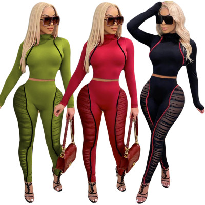Fashion Stitching Round Neck Long Sleeves Mini Top With Trousers Two Piece Sets YY5243