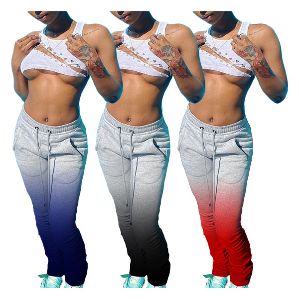 Fashion Gradient High Waist Pleated Drawstring Long Pants H1562