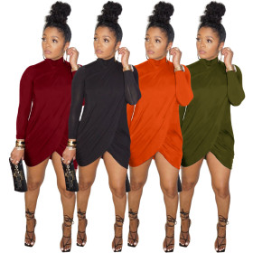 Fashion Solid Color High Collar Long Sleeves Mini Dress  GL6333
