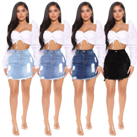 Sexy all-match hand-frayed high waist irregular denim skirt HSF2414