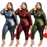 Fashion PU Leather Long Sleeves Hooded Sweater With Drawstring Trousers Two Piece Sets C3034