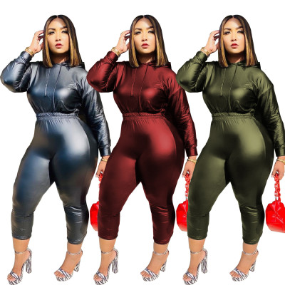 Fashion PU Leather Long Sleeves Hooded Sweater With Drawstring Trousers Two Piece Sets C3034