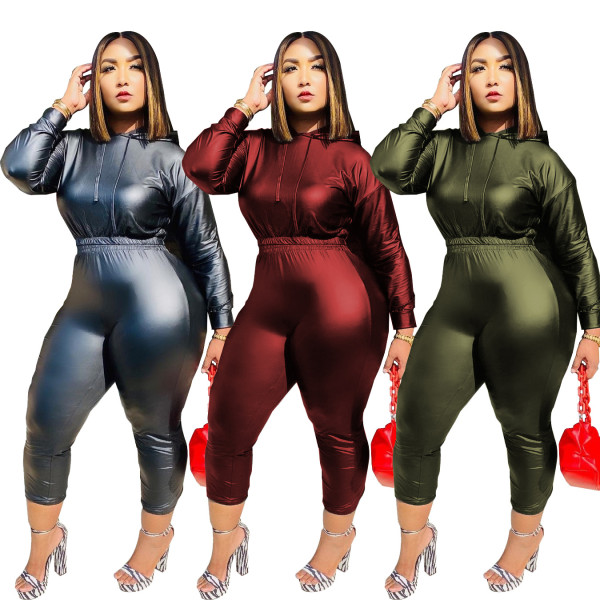 Fashion PU Leather Long Sleeves Hooded Sweater With Drawstring Trousers Two Piece Sets C3034