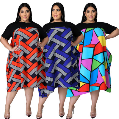 Plus Size Printed Round Neck Short Sleeves Mini Dress  YF1413