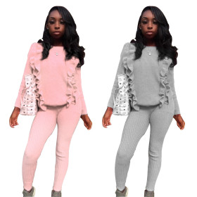Cute Solid Color Ruffle Round Neck Long Sleeves Top With Trousers Sweater Two Piece Sets MTY6269
