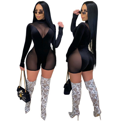 Sexy Mesh Velvet Stitching High Collar Long Sleeves Jumpsuit CCY8815