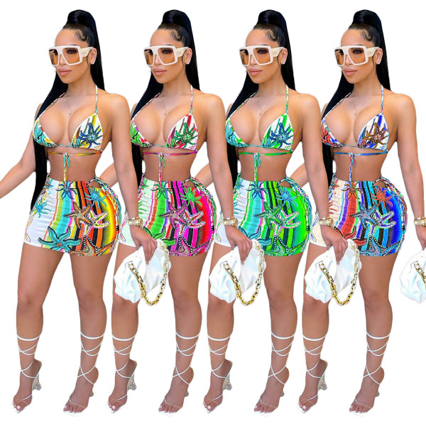 Womens New Style Printed Bandage Sexy Skirt Set Three-piece Suit TK6168