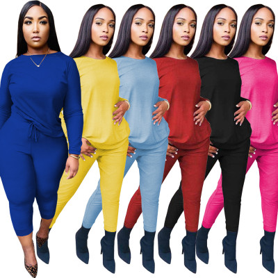 Fashion Solid Color Round Neck Long Sleeves Top With Trousers Two Piece Sets WY6731