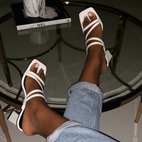 Large size Womens shoes Roman style thin strap square toe thick heel high heels solid color set feet