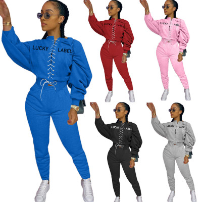 Fashion Letter Printed Lace-Up Long Sleeves Top With Trousers Two Piece Sets MEY064