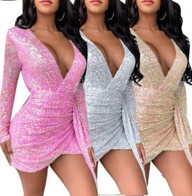 Sequined Long Sleeve Deep V Neck Sexy Dress DF0690-02