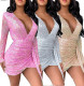 Sequined Long Sleeve Deep V Neck Sexy Dress DF0690-02