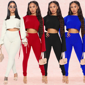 Fashion Solid Color Round Neck Long Sleeves Mini Top With Trousers Two Piece Sets XZ3702