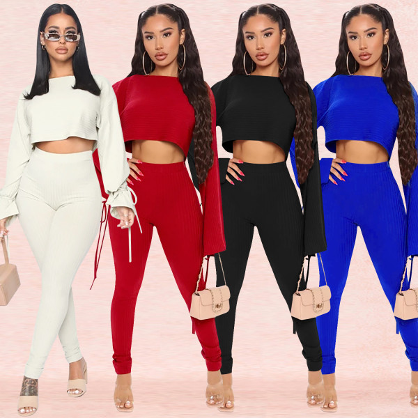 Fashion Solid Color Round Neck Long Sleeves Mini Top With Trousers Two Piece Sets XZ3702