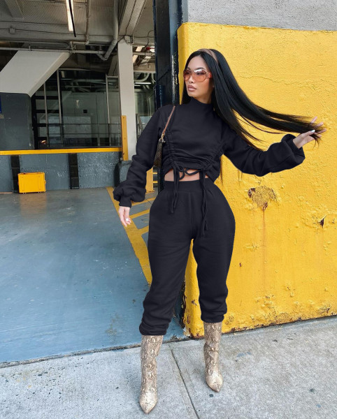 Autumn Solid Color High Collar Long Sleeves Drawstring Mini Top With Trousers Two Piece Sets WYM2028