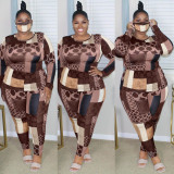 Casual Printed Round Neck Long Sleeves Top With Trousers Plus Size Two Piece Sets GL7003