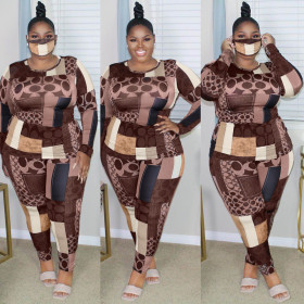 Casual Printed Round Neck Long Sleeves Top With Trousers Plus Size Two Piece Sets GL7003