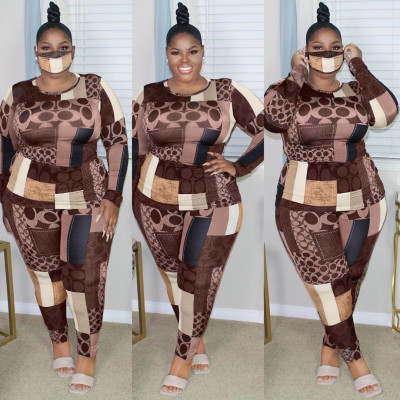 Casual Printed Round Neck Long Sleeves Top With Trousers Plus Size Two Piece Sets GL7003