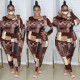 Casual Printed Round Neck Long Sleeves Top With Trousers Plus Size Two Piece Sets GL7003