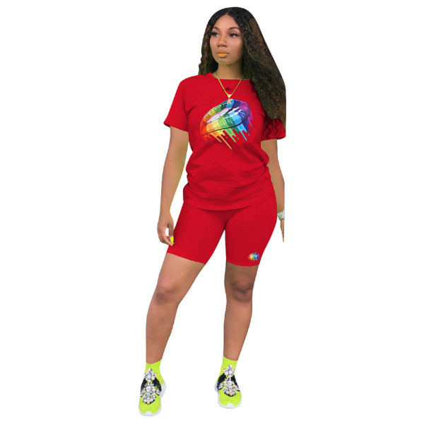 Casual Lips Printed Round Neck Long Sleeves Top With Shorts Plus Size Two Piece Sets TP052