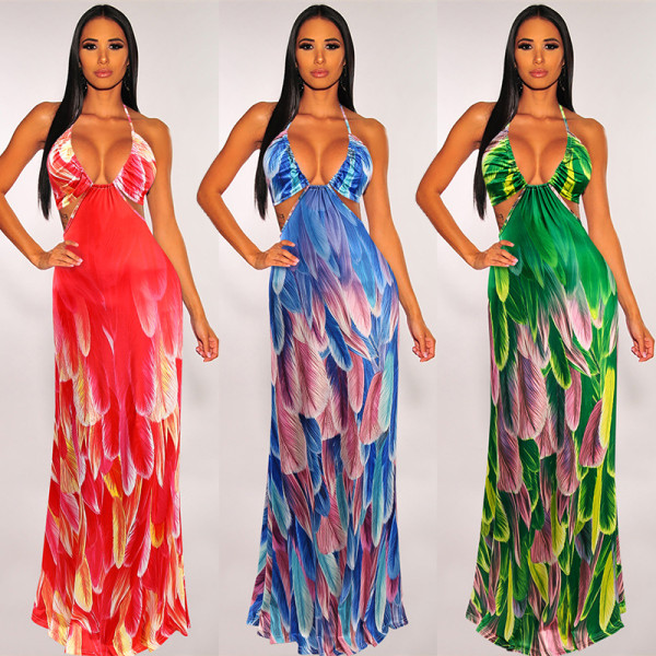 Womens Fashion Sexy Printed Long Skirt Sling Dress NS9945