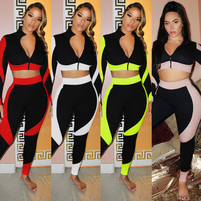 Sports Contrast Zipper V-Neck Long Sleeves Cropped Top With Trousers Two Piece Sets CYF3727