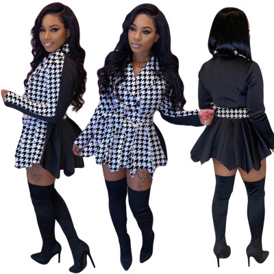 Fashion Printed Stitching Long Sleeves Button Pleated Mini Dress With Belt YY5232