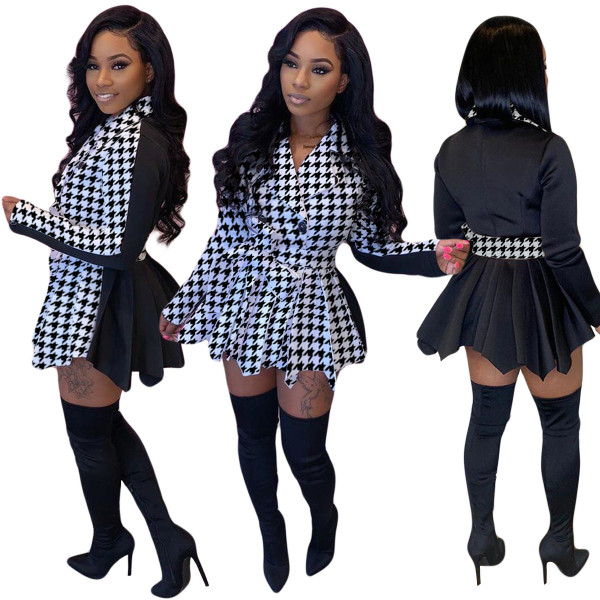 Fashion Printed Stitching Long Sleeves Button Pleated Mini Dress With Belt YY5232