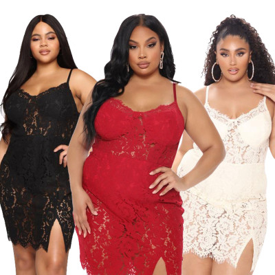Plus size Womens clothing lace stitching sexy slits sling women two-piece suit J775