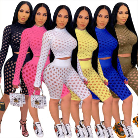 Womens nightclub stretch tight eye net long-sleeved five-point pants two-piece suit QZ4327