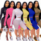 Womens nightclub stretch tight eye net long-sleeved five-point pants two-piece suit QZ4327