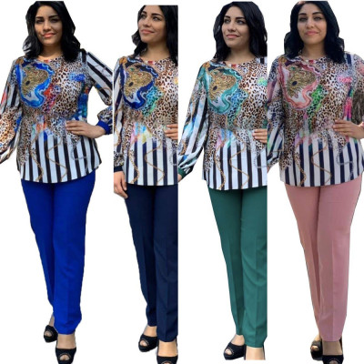 Plus Size Leopard Printed Round Neck Long Sleeves Top With Straight Pants Two Piece Set LXC249