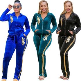 Fashion Velvet Embroidery Zipper Long Sleeves Hooded Cardigan With Trousers Plus Size Two Piece Sets