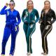 Fashion Velvet Embroidery Zipper Long Sleeves Hooded Cardigan With Trousers Plus Size Two Piece Sets