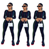 Casual Striped Stitching Round Neck Long Sleeves Cropped Top With Trousers Two Pieces Sets K9806
