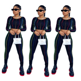 Casual Striped Stitching Round Neck Long Sleeves Cropped Top With Trousers Two Pieces Sets K9806