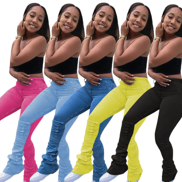 Fashion Women Solid Color High Waist Stack Jeans Q747