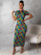 Fashion Printed Round Neck Short Sleeves Midi Skinny Dress  Y305