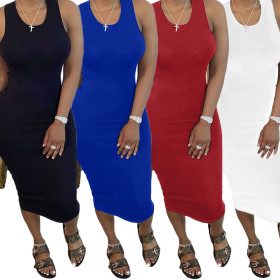 Womens dresses spring and summer solid color hollow sleeveless pleated irregular dress BAN052