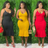 Plus Size Womens V-neck Multicolor Sling Sleeveless Mermaid Dress J6046