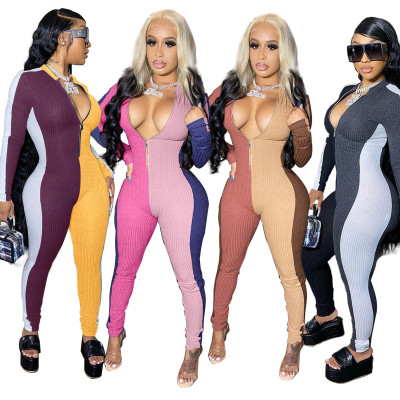 Sexy Contrast Zipper V-Neck Long Sleeves Skinny Jumpsuit QZ4314
