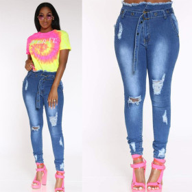 Fashion High Waist Hole Skinny Jeans With Belt CJ933