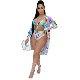 Fashion sexy printed cloak bikini three-piece swimsuit DY6991