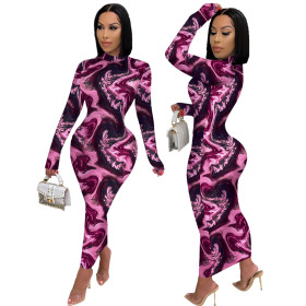 Water ripple print long sleeve long dress LML193