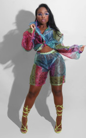 Cute Contrast Printed Ruff Sleeves Shirt With Shorts Two Pieces Sets R6401