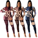 Fashion Printed High Collar Long Sleeves Tops With Trousers Two Pieces Sets GL6327